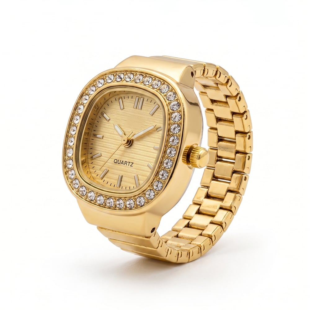 Handmade Stainless Steel 18K Gold Dial Ring Watch